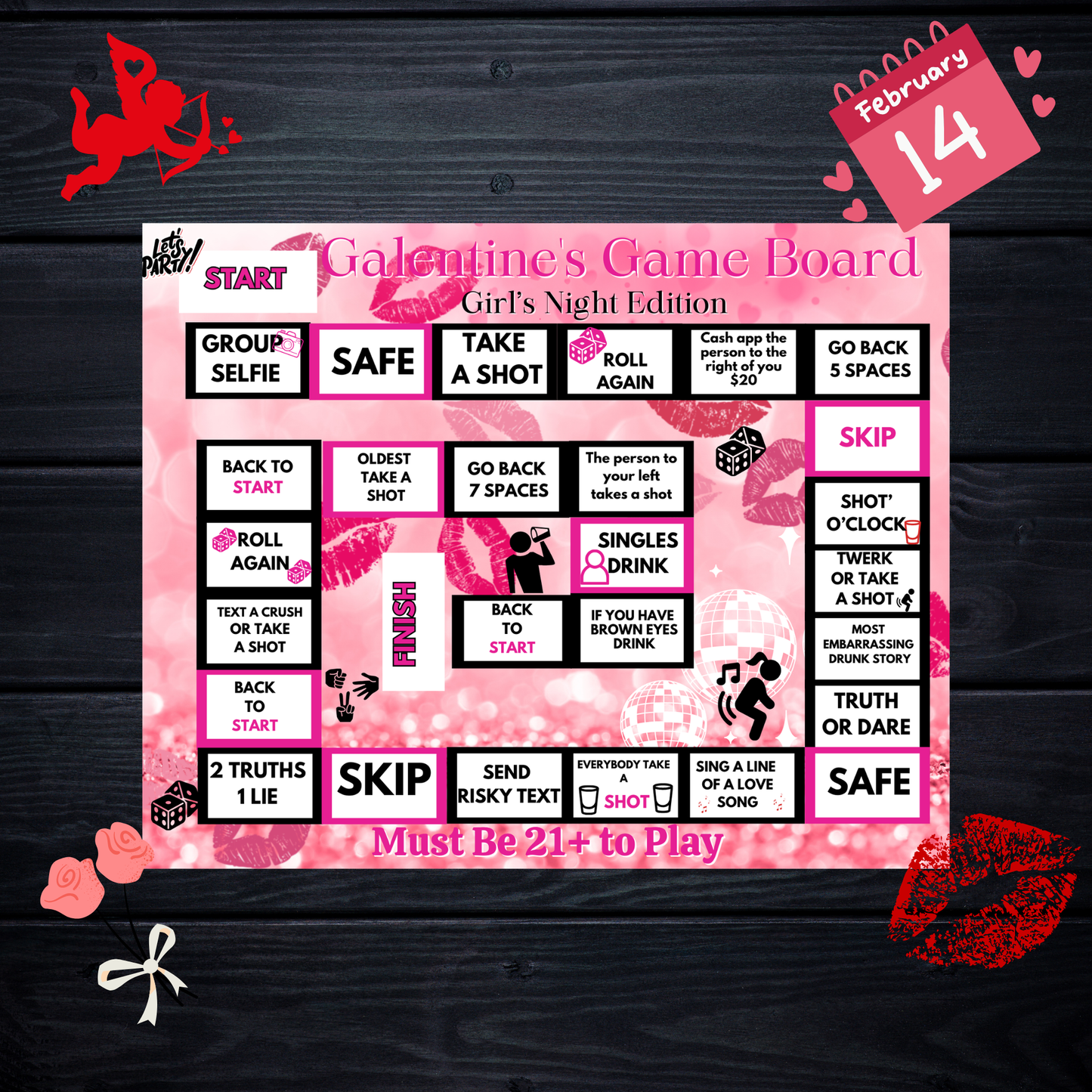 Galentine’s Night Drinking Board Game | Editable Canva Party Game | Girls Night 21+